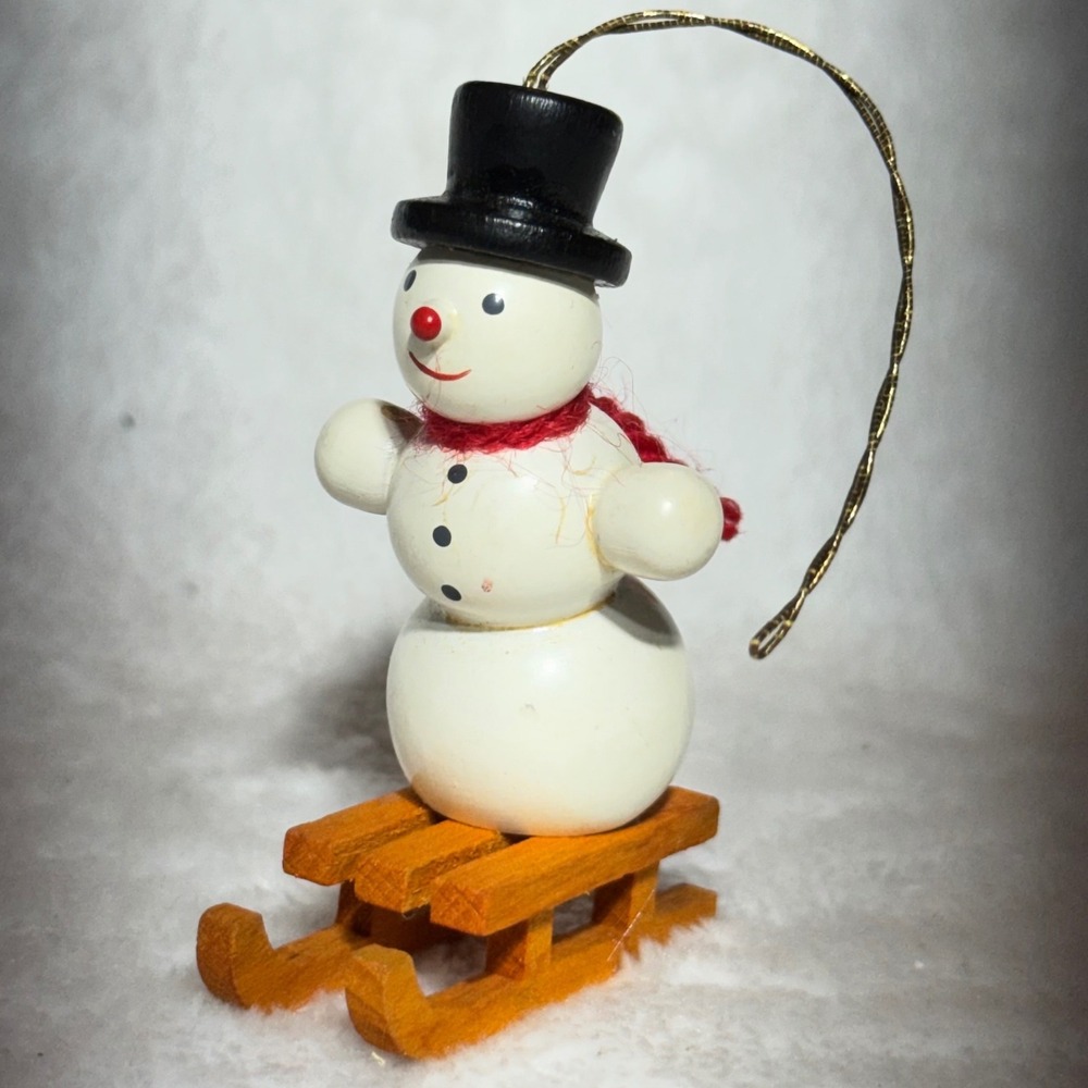 Vintage Wooden Snowman on Sled Christmas Ornament Small Hand Painted